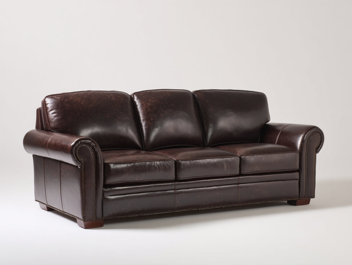 Divani a 3 posti - similpelle-legno-metallo - 218x94x91 cm - marrone scuro - stile classico
