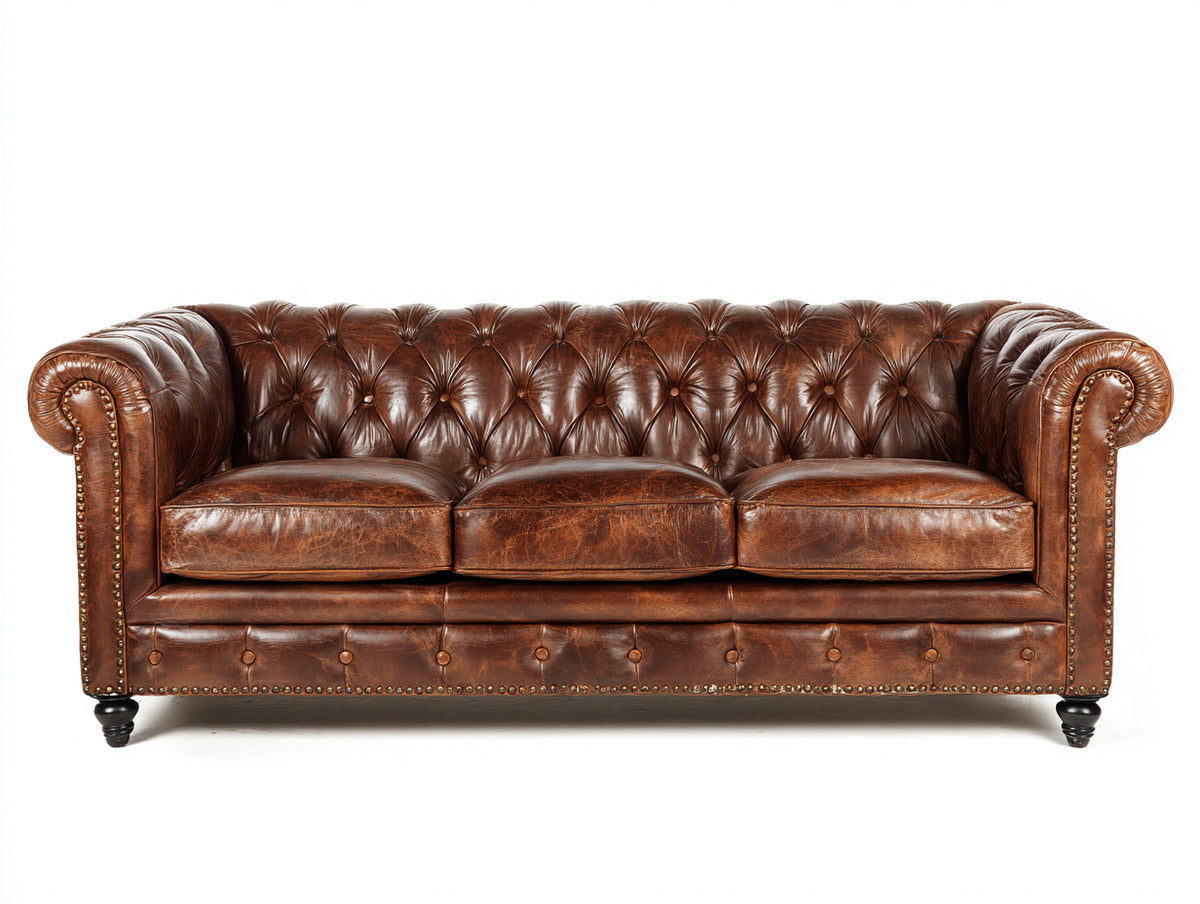 Divani a 3 posti - similpelle-legno-metallo - 225x94x80 cm - marrone cuoio - stile Chesterfield vintage