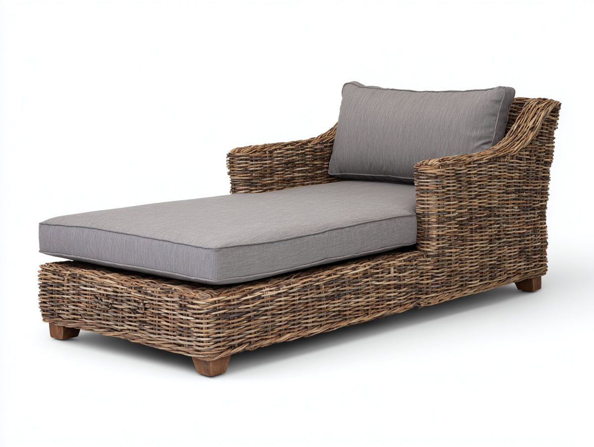 Lettino prendisole - Rattan intrecciato-Tessuto - 179x88x90 cm - Marrone naturale-Grigio - Stile moderno