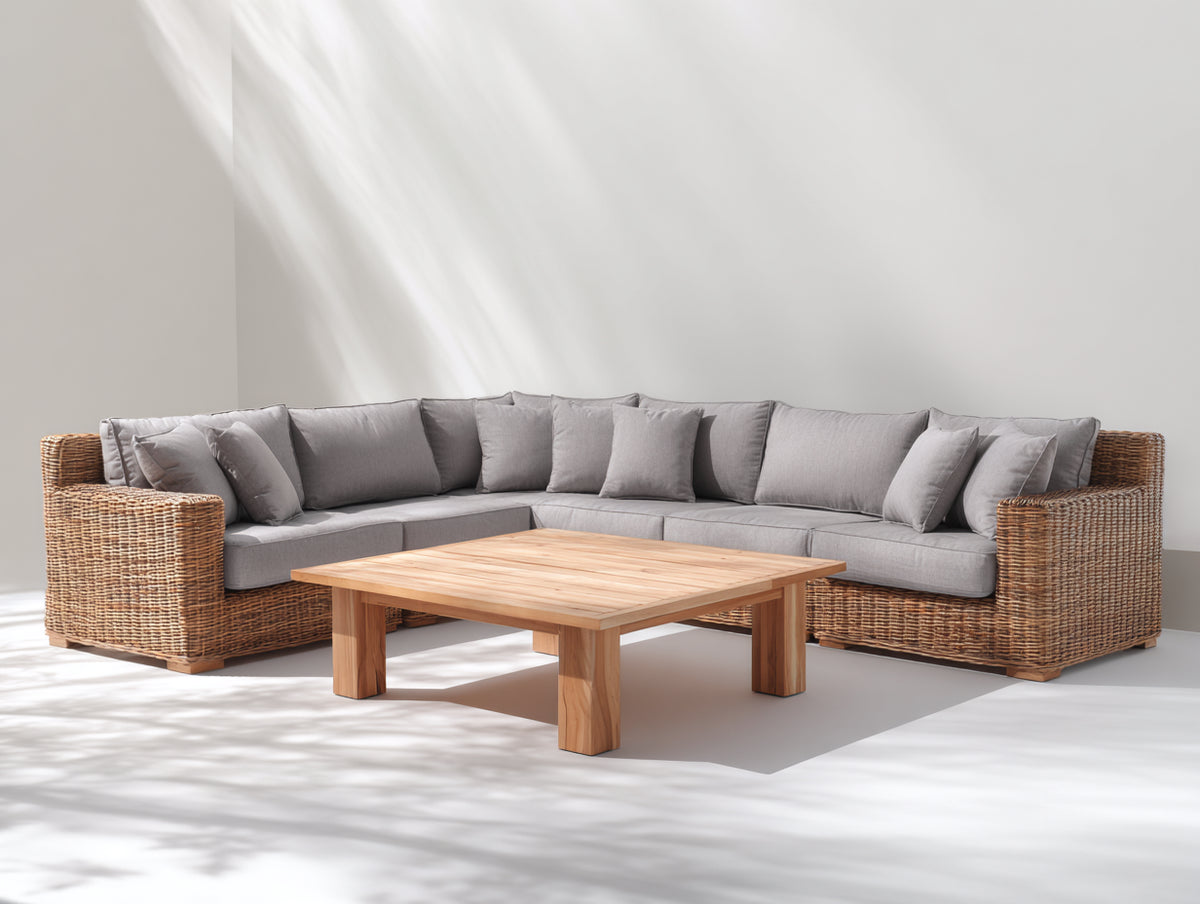 Divani da esterno - Rattan sintetico-Tessuto-Legno - 305x220x78 cm - Naturale-Grigio chiaro-Marrone - Contemporaneo