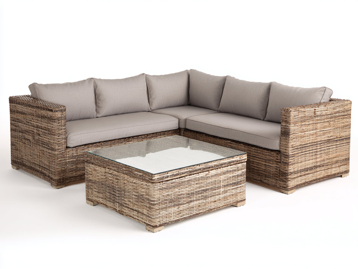 Divani da esterno - Rattan sintetico-Tessuto-Vetro - 285x285x78 cm - Marrone naturale-Tortora-Trasparente - Rustico moderno