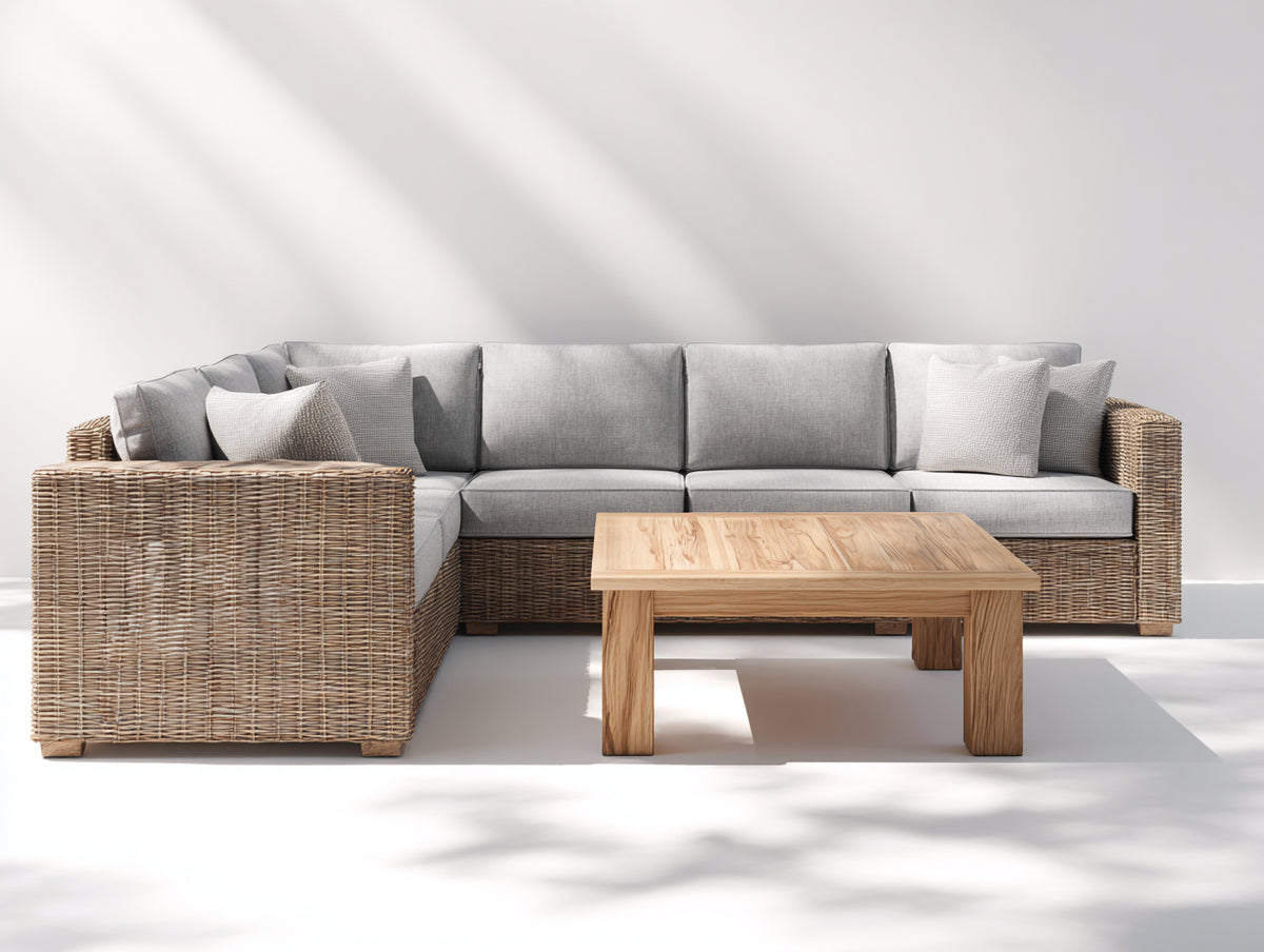 Divani da esterno - Rattan sintetico-Tessuto-Legno - 310x215x79 cm - Naturale-Grigio chiaro-Marrone chiaro - Moderno naturale