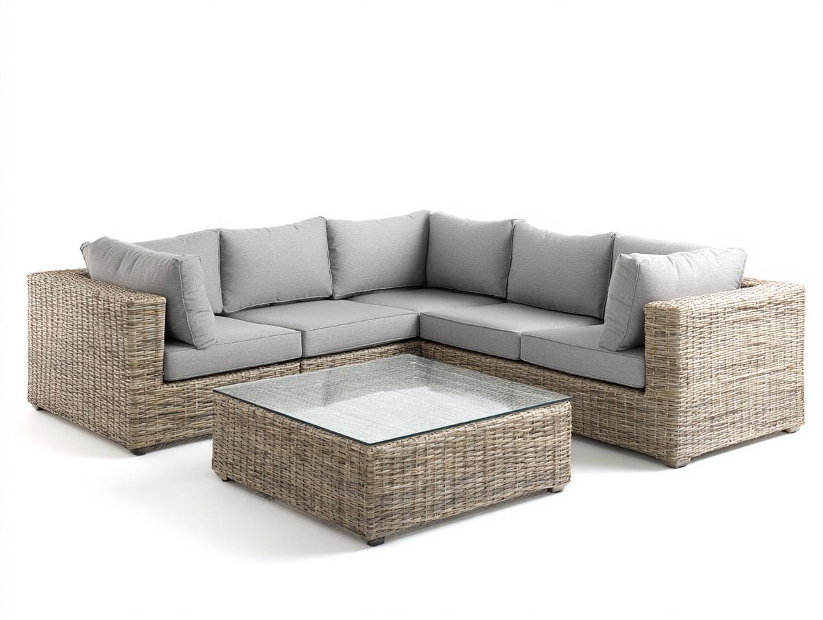Divani da esterno - Rattan sintetico-Tessuto-Vetro - 280x280x77 cm - Beige naturale-Grigio chiaro-Trasparente - Contemporaneo