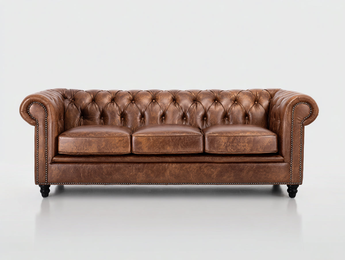 Divani a 3 posti - similpelle-legno-metallo - 220x90x78 cm - marrone - stile Chesterfield classico