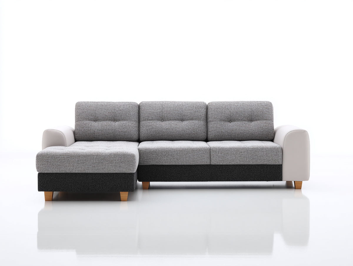 Divano angolare - Tessuto-ecopelle-legno - 272x160x88 cm - Grigio chiaro-Grigio antracite-Bianco - Moderno