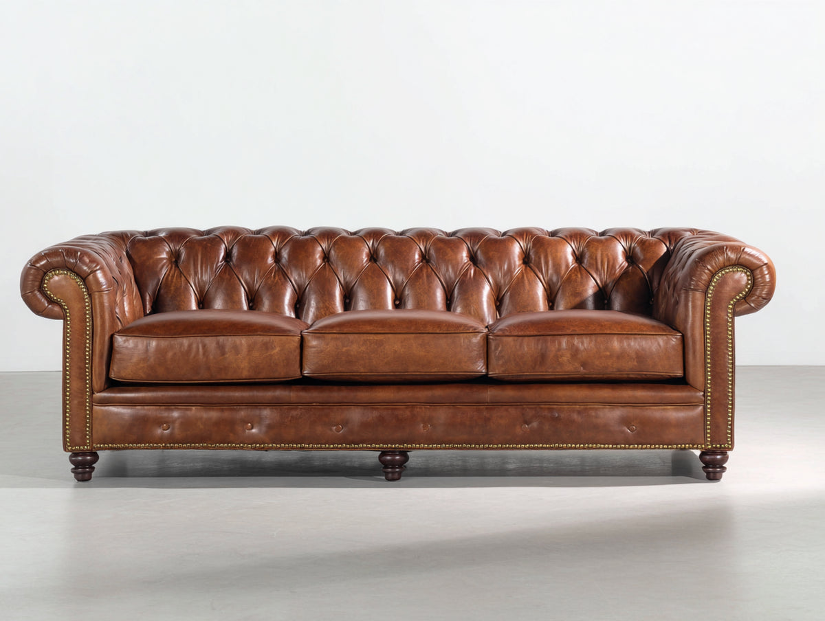 Divani a 3 posti - similpelle-legno-metallo - 224x92x79 cm - marrone cognac - stile Chesterfield classico