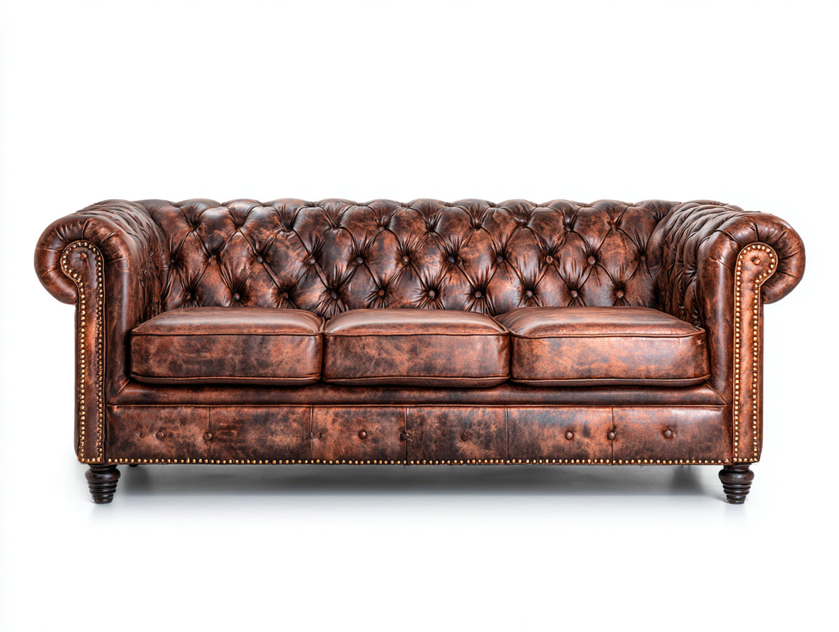Divani a 3 posti - similpelle-legno-metallo - 223x93x78 cm - marrone ramato - stile Chesterfield vintage