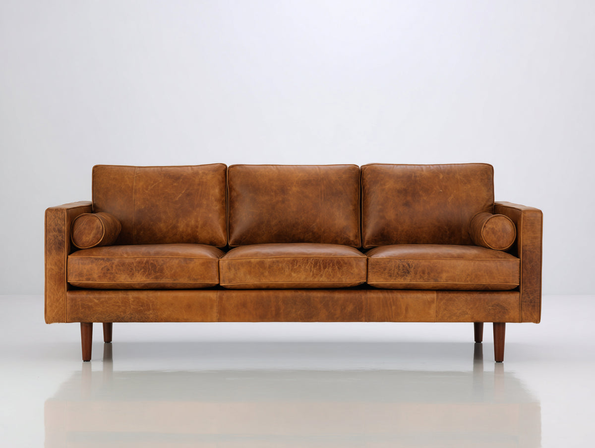 Divani a 3 posti - similpelle-legno - 207x87x83 cm - marrone cognac - stile moderno vintage