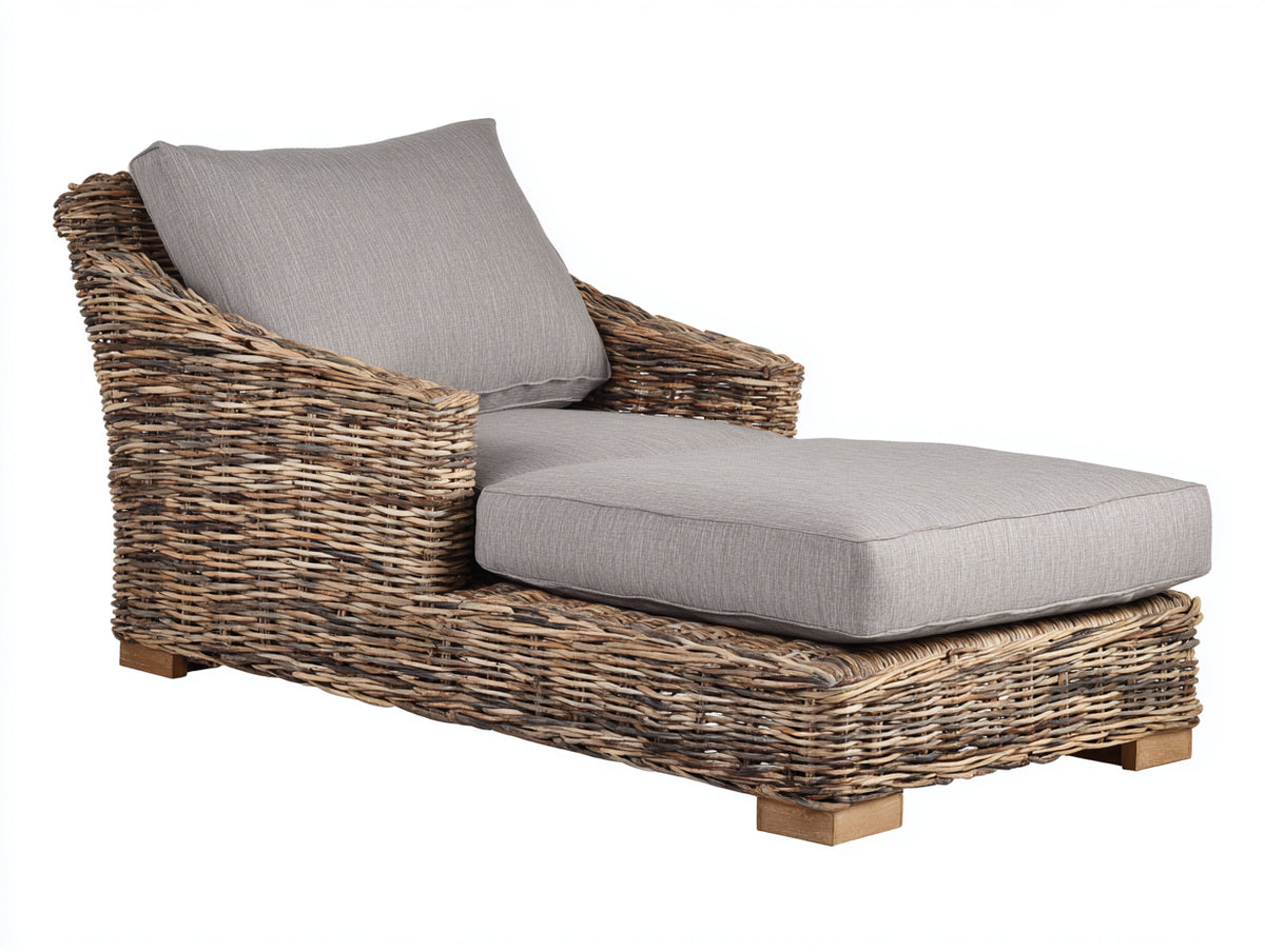 Lettino prendisole - Rattan intrecciato-Tessuto - 181x85x93 cm - Marrone naturale-Grigio chiaro - Stile classico