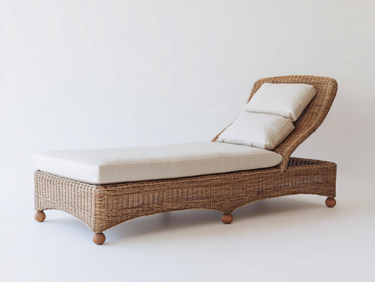 Lettino prendisole - Rattan intrecciato-Tessuto - 208x78x95 cm - Marrone-Crema - Stile naturale