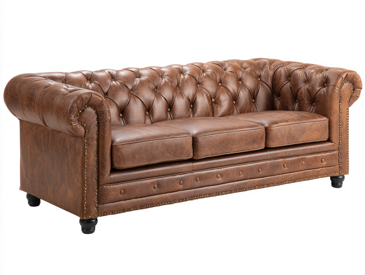 Divani a 3 posti - similpelle-legno-metallo - 226x95x82 cm - marrone chiaro - stile Chesterfield vintage