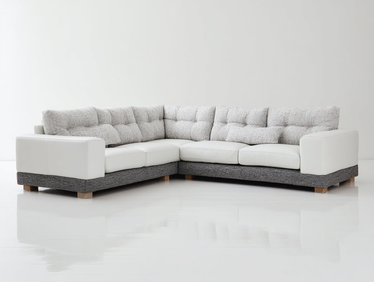 Divano angolare - Tessuto-Ecopelle-Legno - 320x235x90 cm - Bianco-Grigio chiaro-Grigio antracite - Contemporaneo