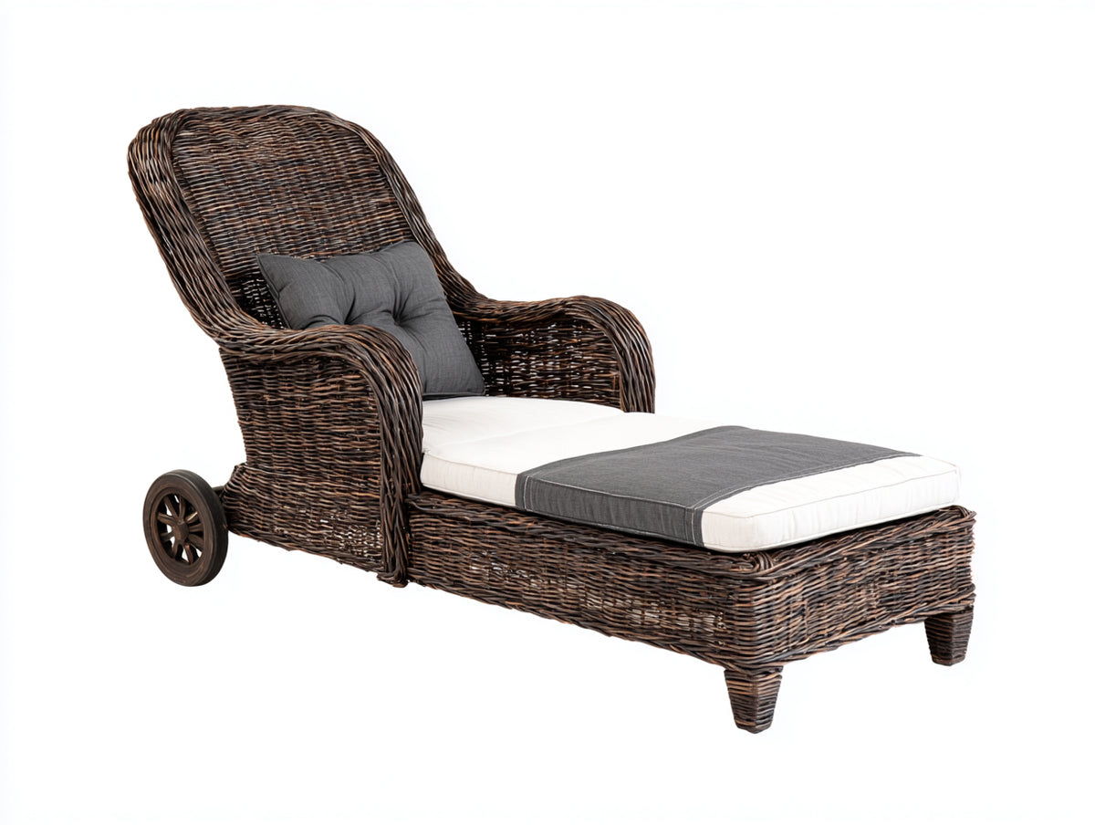 Lettino prendisole - Rattan intrecciato-Tessuto - 201x81x105 cm - Marrone scuro-Bianco-Grigio - Stile tradizionale