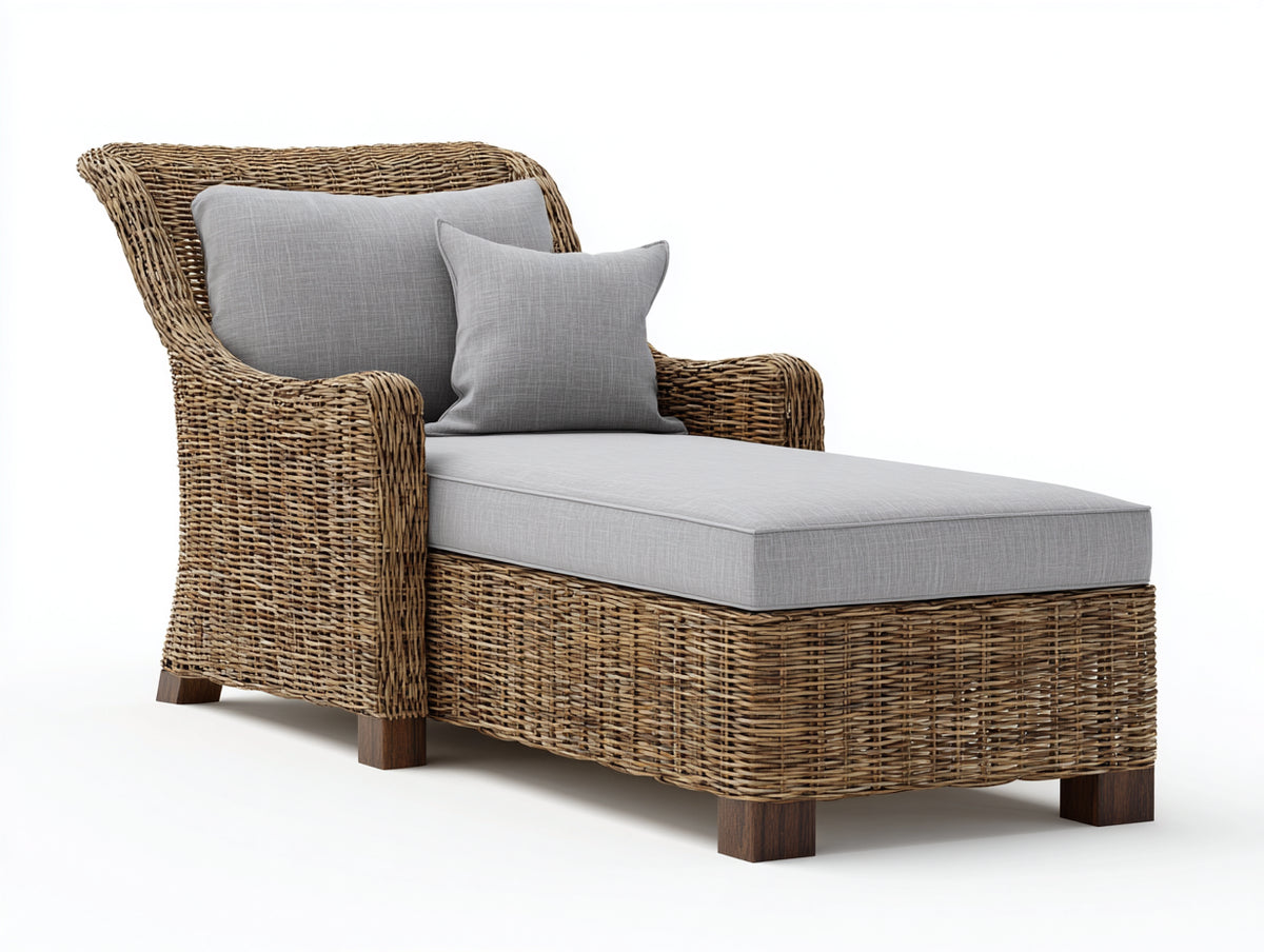 Lettino prendisole - Rattan intrecciato-Tessuto - 175x78x91 cm - Marrone-Grigio chiaro - Stile classico