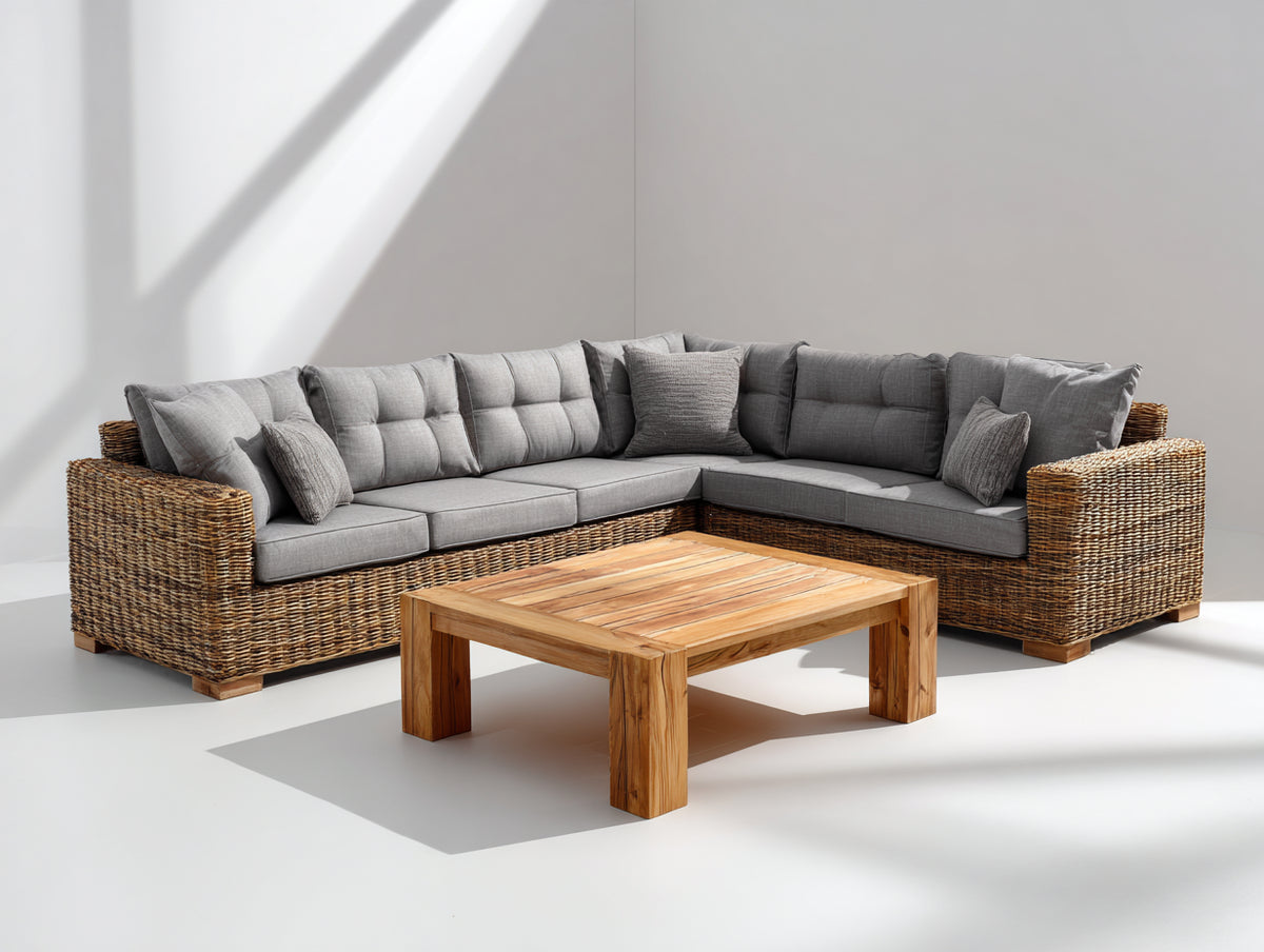Divani da esterno - Rattan sintetico-Tessuto-Legno - 285x215x78 cm - Marrone naturale-Grigio-Marrone chiaro - Rustico contemporaneo